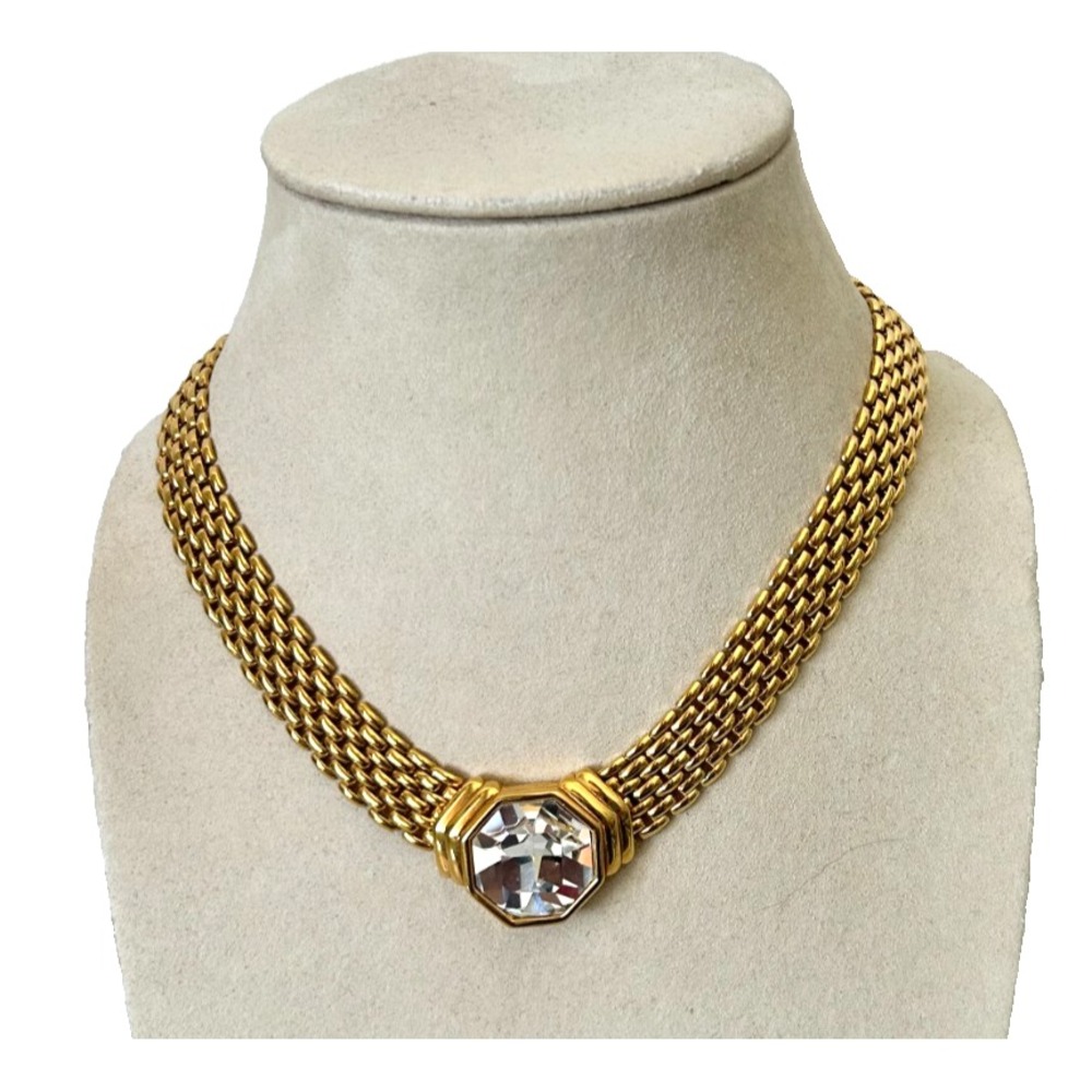 VTG SALO Signed Gold Tone Mesh Choker Necklace 16" Clear Crystal Modernist EUC